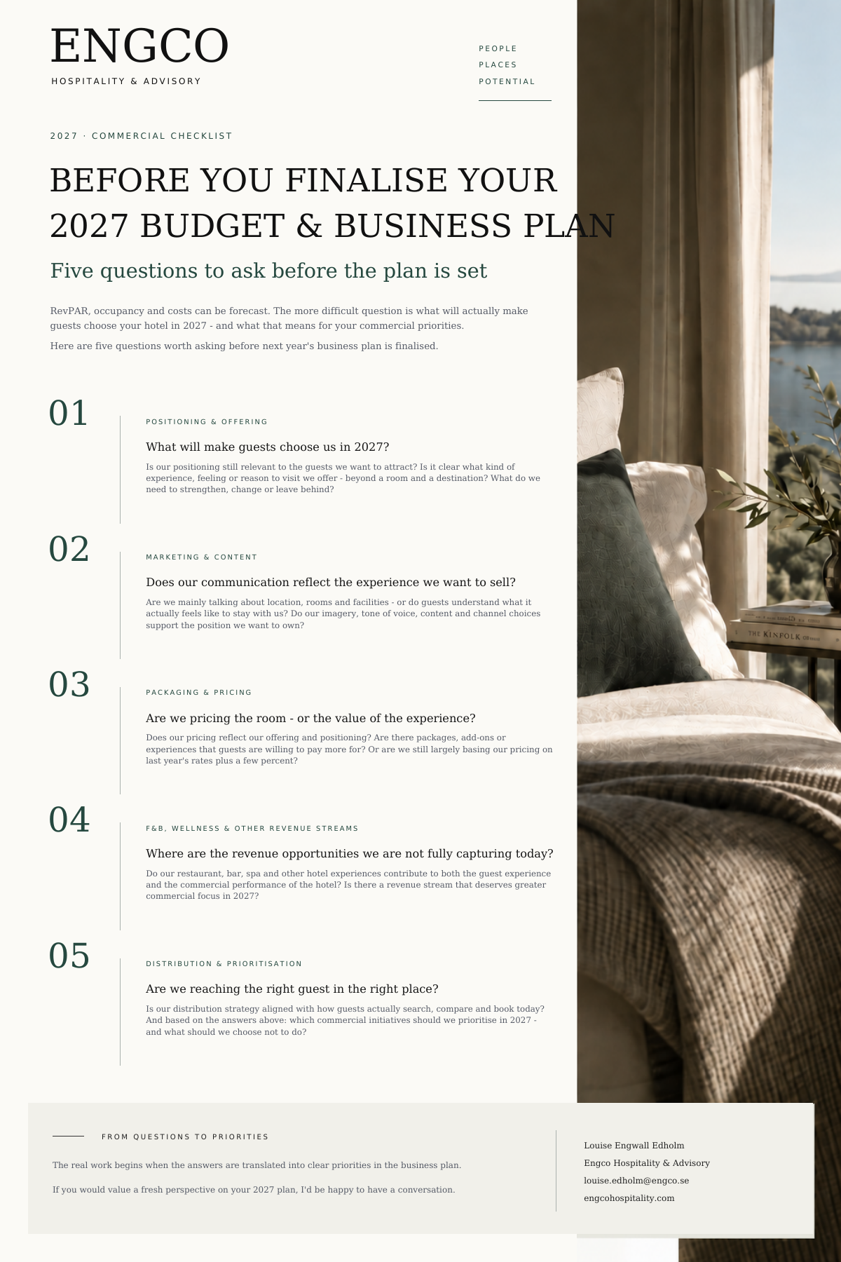 Preview of Engco's commercial checklist for the 2027 hotel budget and business plan