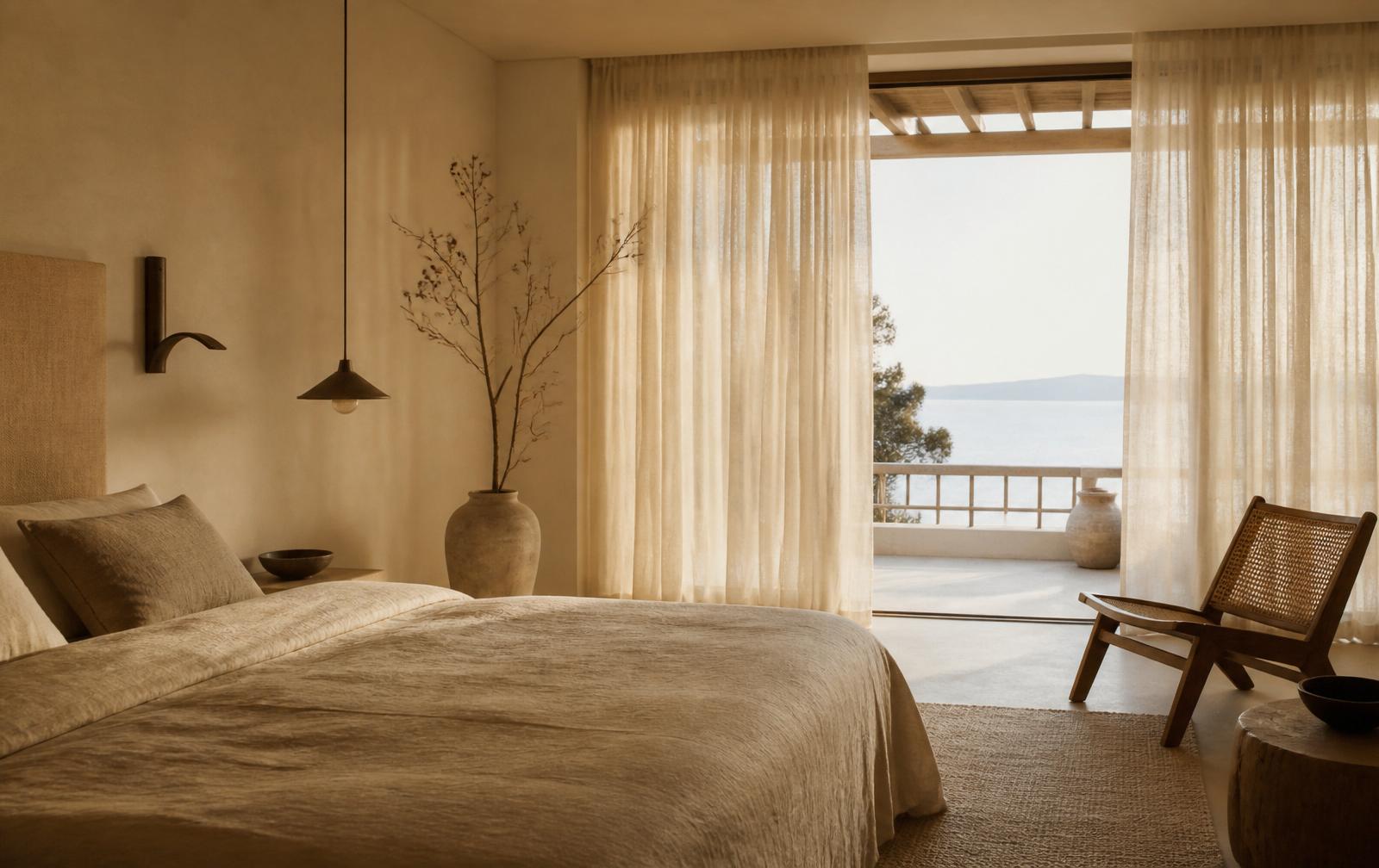 A softly lit, minimalist beige hotel room with linen curtains and a view to the sea