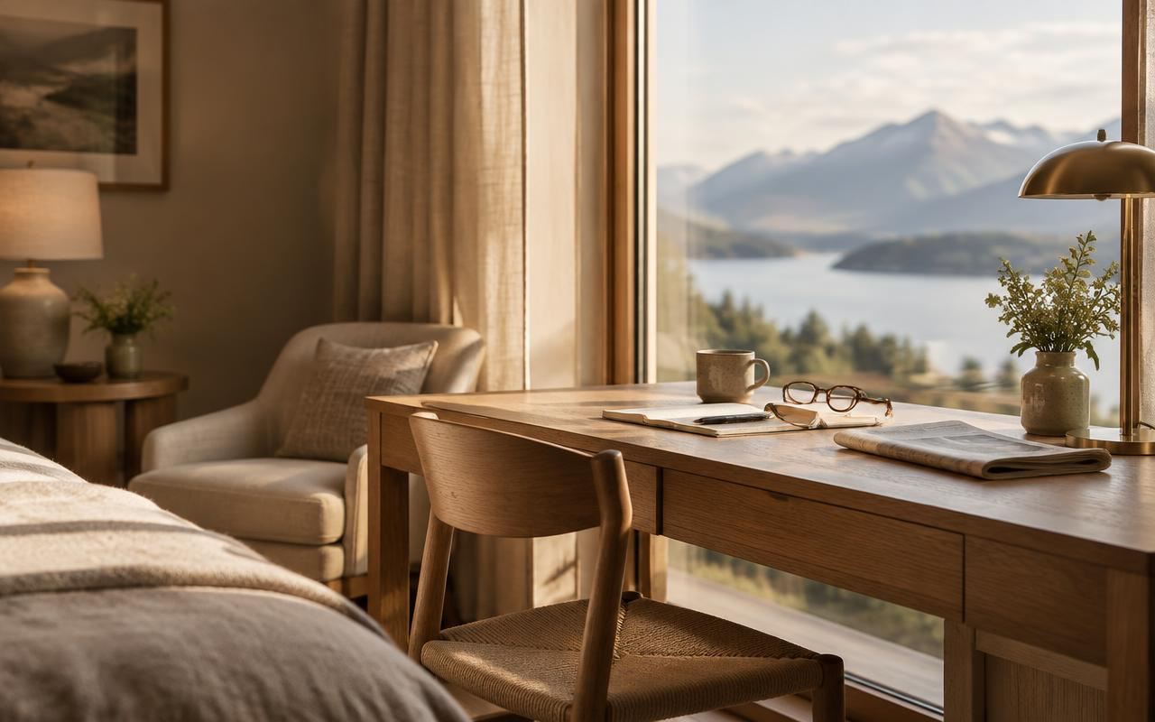 A warm, quietly elegant hotel room with a wooden desk by a large window, overlooking a mountain lake at golden hour.