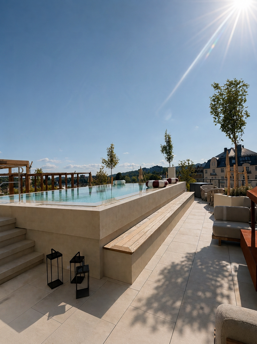 Rooftop infinity pool and terrace overlooking a waterfront town on a clear day — When Does a Hotel Become a Destination?