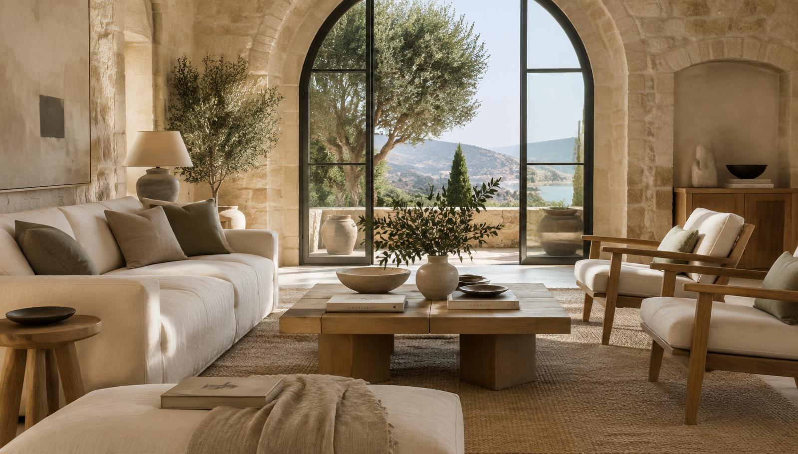 A sunlit Mediterranean boutique hotel lounge with limestone walls, natural oak furniture, linen sofas and an arched window opening onto olive trees and the sea.
