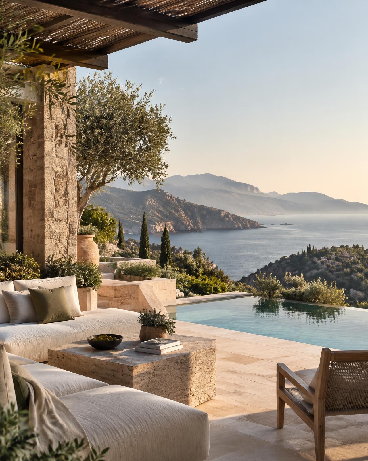 A refined international coastal resort terrace overlooking the sea
